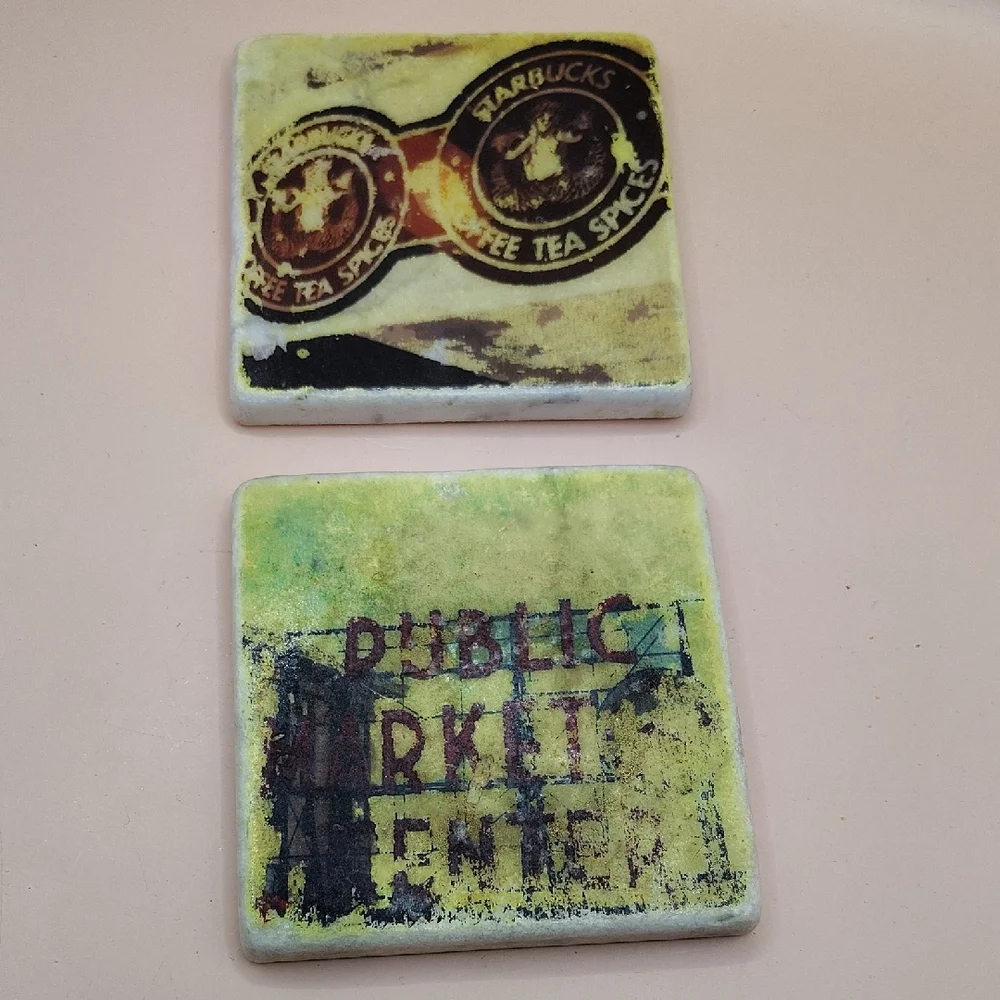 Starbucks Vintage Marble Coasters with Yellow and Black Accents Distressed Look